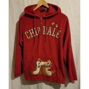 Disney Chip 'N Dale Red Fleece Hoodie Pullover Size M Long Sleeve Pouch‎